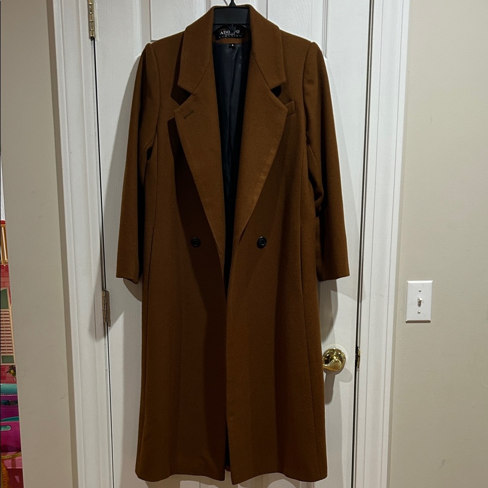 Adolfo Classic Brown Long Coat 100% Wool